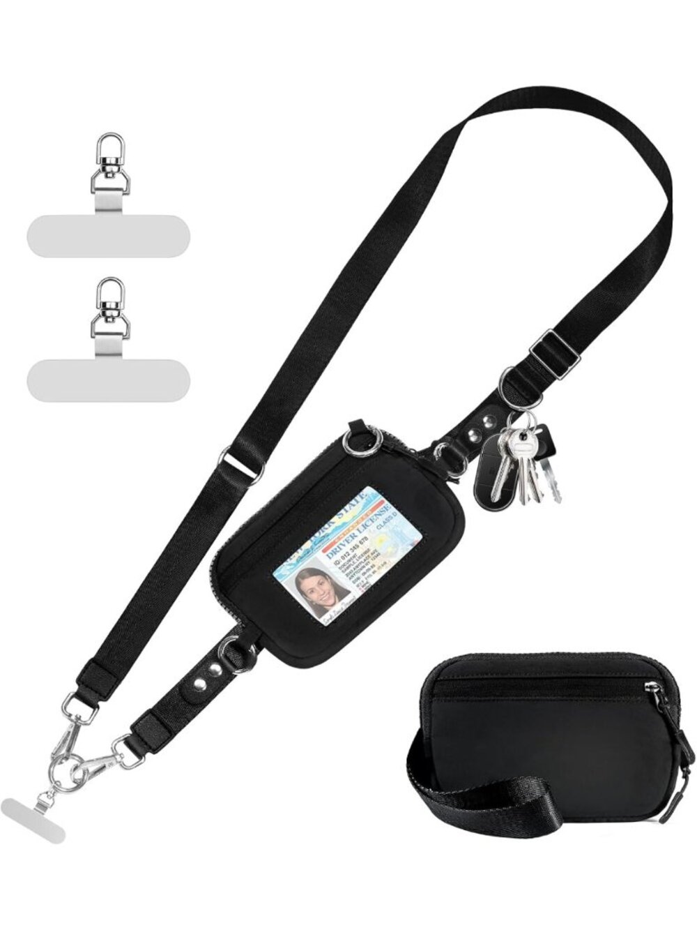 Adjustable Crossbody Phone Lanyard with Wallet, RFID Wristlet, ID Window, Black